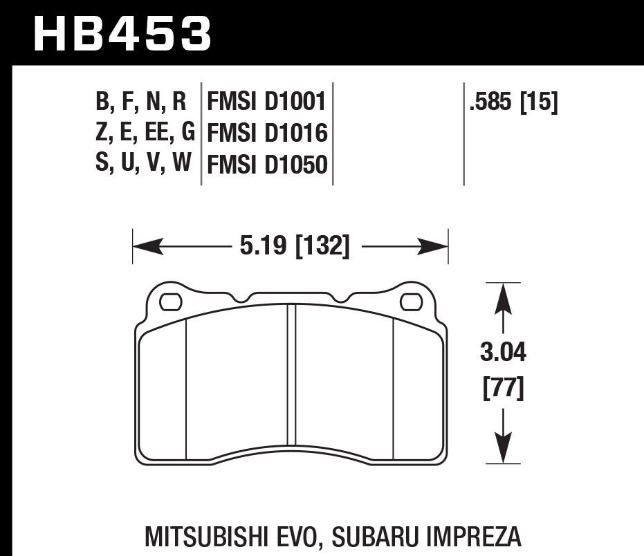 Колодки тормозные HB453D.585 HAWK ER-1 передние Lancer Evo V-X; SUBARU WRX STI; MEGAN RS; TESLA S, X
